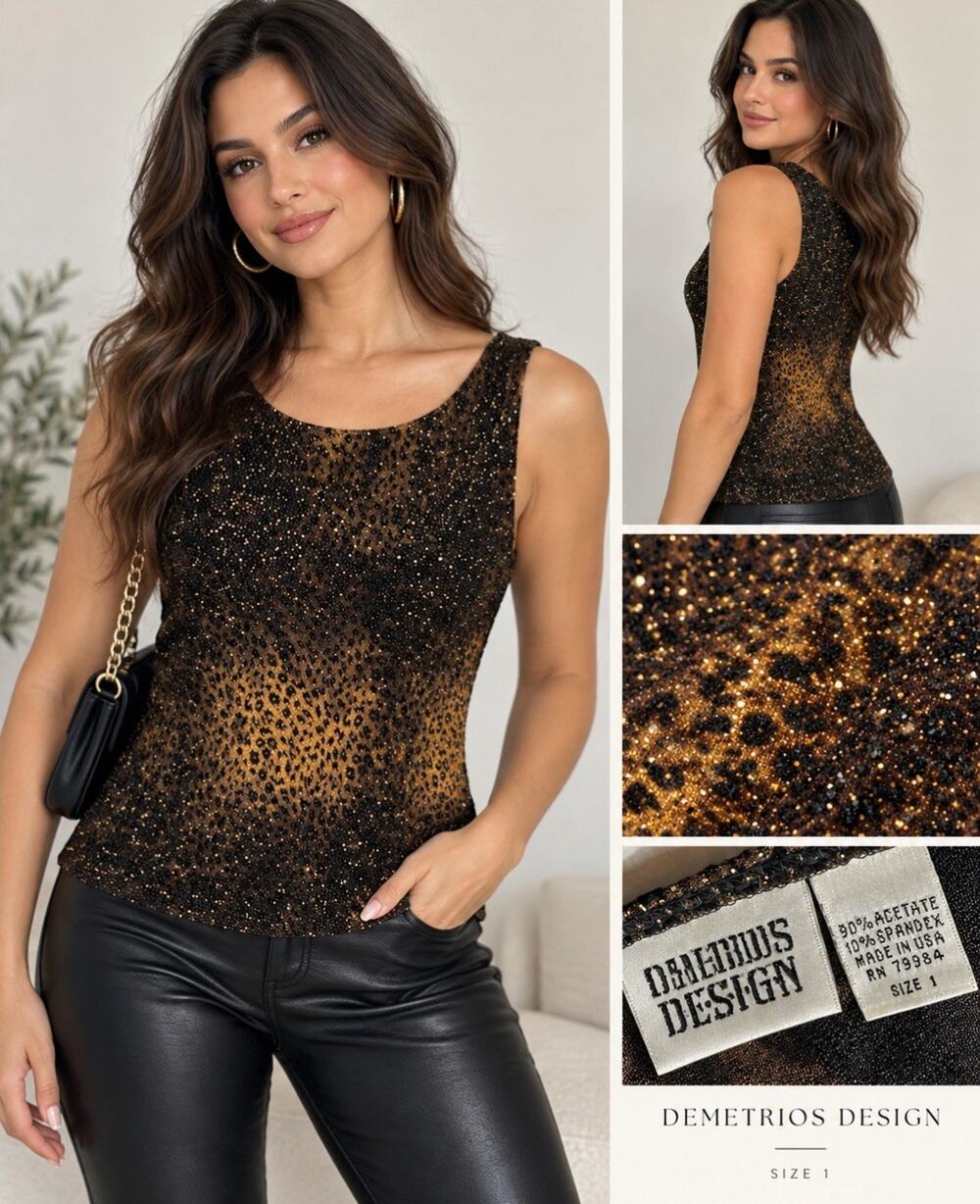 Y2K 2000s Sparkle Chico's Design Leopard Print Tank Top Size M Gold Black